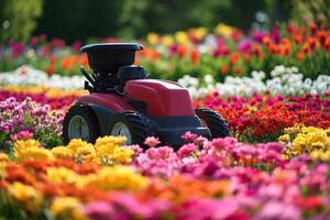 Lawn mower navigating vibrant tulip fields on a sunny day in springtime photo