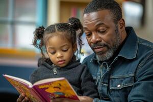Father and daughter enjoying story time outdoors in a lush garden photo