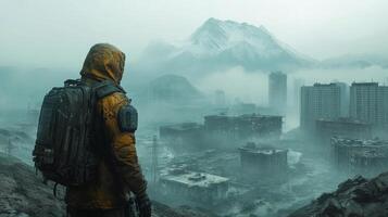 Desolate landscape under foggy mountains with figure in yellow jacket looking over abandoned city photo
