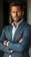 Confident businessman poses outdoors in formal attire with arms crossed in urban setting photo