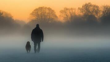 Walking a dog in a foggy field during early morning hours photo