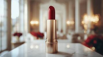 Bright red lipstick swatched on smooth surface showcasing elegant packaging and rich color photo
