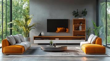 Modern living room design featuring orange and gray furniture with greenery and a large TV photo
