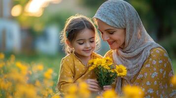 Mother and daughter share a joyful moment in a flower shop while holding a bouquet during daylight hours photo