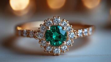 Elegant rose gold ring featuring a vibrant green gemstone and sparkling diamonds photo