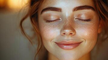 Smiling young woman with freckles enjoying a moment of serenity and happiness indoors photo