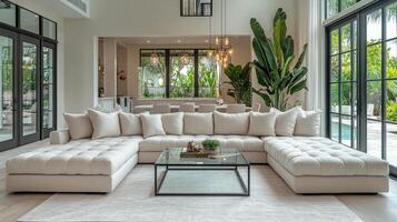Modern living room with cozy sectional sofa and large windows overlooking lush greenery photo