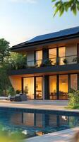 Modern house with solar panels overlooking a serene pool during sunset photo