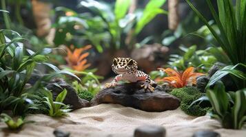 Leopard gecko exploring a desert-themed terrarium with cacti and vibrant orange plants photo