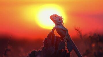 Bearded dragon basking on a rock during a vibrant sunset in the wild photo