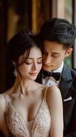 Couple embraces during an elegant evening in a romantic setting photo