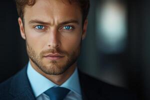 Intense portrait of a young man in a suit with blue eyes and confident expression photo