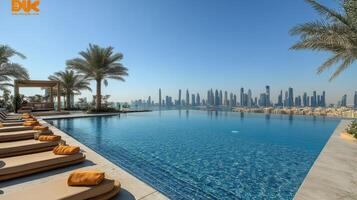 Stunning skyline view from luxury pool overlooking city and palm trees in a bright sunny day photo