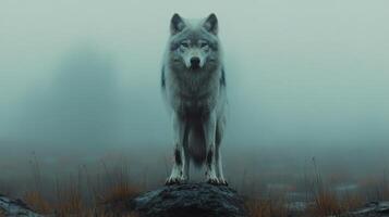 Wolf standing on a rock during a cool evening in a snowy landscape photo