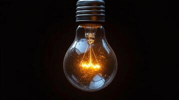 Vintage light bulb glowing brightly against a black background showcasing classic design photo