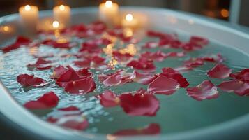 Relaxing bath with rose petals and candles for a soothing experience at home photo