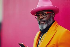 Stylish man in bright orange suit with pink hat standing against vibrant pink wall while using smartphone photo