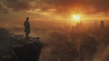 Destruction and despair in a futuristic city engulfed in flames at dusk photo