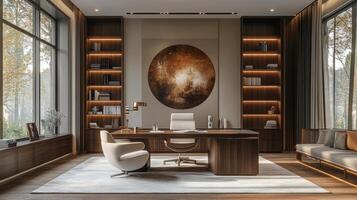 Modern office interior with elegant design and natural lighting during sunset photo