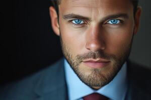 Intense portrait of a young man in a suit with blue eyes and confident expression photo