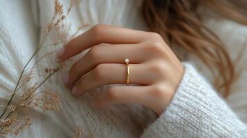 Delicate gold ring on finger showcasing elegance during cozy indoor setting with soft textures photo