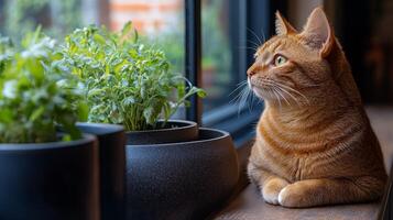 Cat observes fresh herbs growing indoors near a window on a sunny day photo