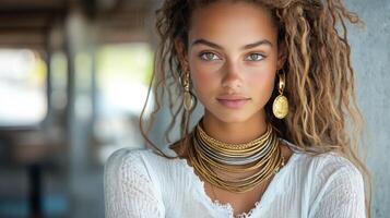 Bangles and bracelets showcase intricate metalwork worn by a person in natural lighting photo