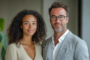 Young couple poses together in a neutral space with crossed arms and serious expressions photo
