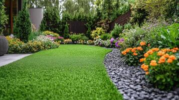 Colorful flower garden with lush green lawn and stone pathway in a serene outdoor setting photo