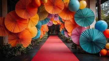 Colorful paper decorations frame a vibrant entrance in a joyful celebration setting photo