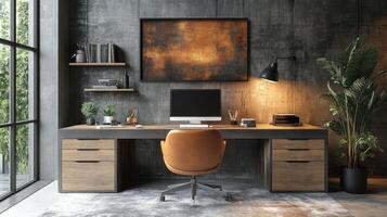 Modern workspace featuring leather chair and minimalistic decor in urban environment photo