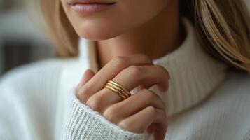 Delicate gold ring on finger showcasing elegance during cozy indoor setting with soft textures photo
