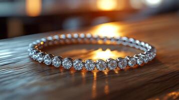 Elegant diamond bracelet glows under warm light on wooden surface in a stylish setting photo