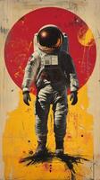 Astronaut in a striking yellow and red background, showcasing space exploration art photo