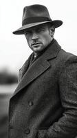 Stylish man in a dark coat and hat confidently poses outdoors in a vintage black and white setting photo
