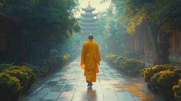 Mysterious figure walking through an autumn path lined with vibrant leaves and soft light photo