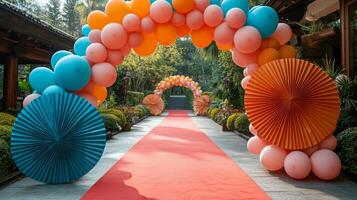 Colorful paper decorations frame a vibrant entrance in a joyful celebration setting photo