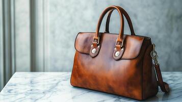 Elegant brown leather handbag displayed on a marble surface in a sophisticated setting photo