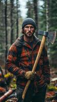 Woodsman carrying axe in dense forest during autumn afternoon photo