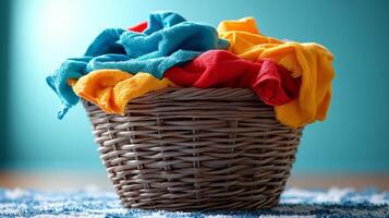 Colorful towels piled in a wicker basket on a soft rug in a bright room setting photo