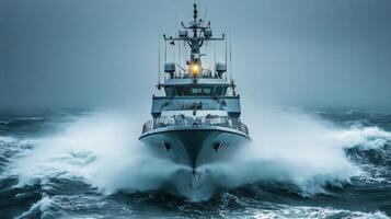 Powerful vessel navigates through rough seas during stormy weather photo