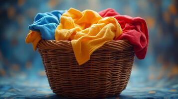 Colorful towels piled in a wicker basket on a soft rug in a bright room setting photo