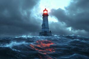 Lighthouse guiding ships through stormy seas and dark skies with lightning photo