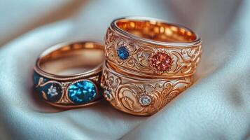 Elegant gold wedding rings with blue gemstones on a textured fabric background photo