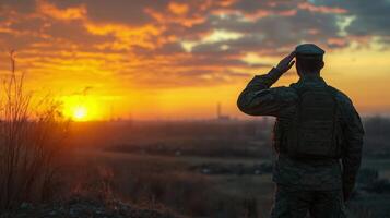 Soldier salutes while surveying war-torn landscape in a city devastated by conflict photo