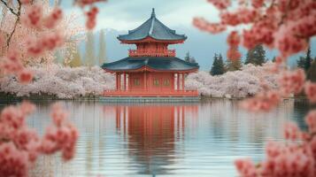 Cherry blossoms frame a stunning five-story pagoda in a tranquil Japanese street scene during springtime photo