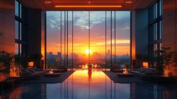 Sunset view from a modern high-rise lobby with floor-to-ceiling windows in a city setting photo
