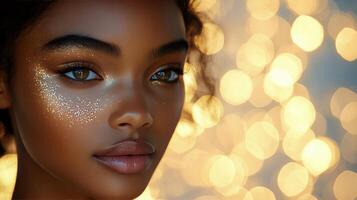Beautiful model applying foundation for a flawless complexion in a softly lit setting photo