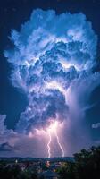 Dramatic lightning strikes illuminate a vibrant cloud formation at dusk in a stormy sky photo