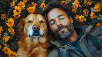 Man and dog enjoying a moment of connection during a sunset in a serene outdoor setting photo